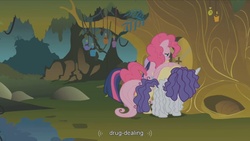 Size: 1344x756 | Tagged: safe, edit, edited screencap, screencap, fluttershy, pinkie pie, rarity, twilight sparkle, earth pony, pony, unicorn, bridle gossip, g4, butt, caption, drugs, female, flutterguy, hairity, mare, plot, spitty pie, text, twilight flopple, youtube caption