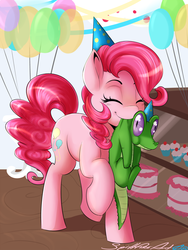 Size: 1600x2133 | Tagged: safe, artist:spittfireart, gummy, pinkie pie, g4, balloon, cake, carrying, cupcake, cute, diapinkes, eyes closed, food, hat, mouth hold, party, party hat, raised hoof, scruff, streamers