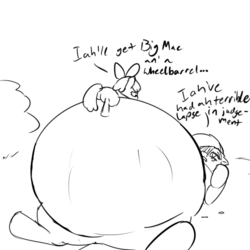 Size: 500x500 | Tagged: safe, artist:kissasta, apple bloom, applejack, g4, applefat, belly, fat, immobile, impossibly large belly, monochrome, morbidly obese, obese, prone, stuffing