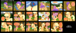 Size: 1600x708 | Tagged: safe, artist:ajmstudios, apple bloom, applejack, doctor horse, doctor stable, scootaloo, g4, bipedal, blushing, crash, female, filly, foal, mare, scootacrash, scootaquest, sick, sneezing