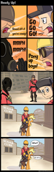 Size: 1040x3304 | Tagged: safe, artist:subjectnumber2394, applejack, g4, comic, crossover, engineer, engineer (tf2), humans riding ponies, pyro (tf2), riding, scout (tf2), soldier, soldier (tf2), team fortress 2