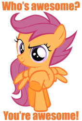 Size: 900x1325 | Tagged: safe, scootaloo, pegasus, pony, g4, awesome, caption, female, filly, image macro, looking at you, pointing, pointing at you, reaction image, simple background, smiling, smiling at you, solo, transparent background, who's awesome? you're awesome