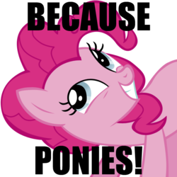 Size: 600x600 | Tagged: safe, pinkie pie, earth pony, pony, g4, because ponies, caption, female, image macro, reaction image, simple background, solo, transparent background