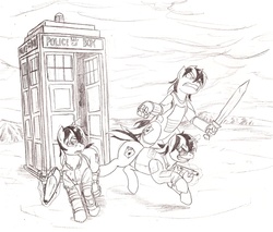 Size: 1182x1006 | Tagged: safe, artist:mistermech, oc, oc:blackjack, cyborg, fallout equestria, fallout equestria: project horizons, crossover, doctor who, monochrome, multeity, tardis, traditional art