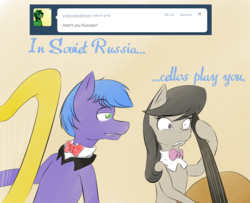Size: 900x729 | Tagged: safe, artist:narbevoguel, octavia melody, parish nandermane, earth pony, pony, ask octavia, g4, ask, cello, duo, female, harp, in soviet russia, male, mare, musical instrument, shocked, soviet russia, stallion, tumblr