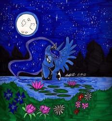 Size: 1618x1747 | Tagged: safe, artist:newyorkx3, princess luna, alicorn, pony, g4, female, flower, forest, full moon, lidded eyes, mare, moon, night, pegaduck, pond, sky, solo, spread wings, stars, swanluna, swimming, traditional art, wading, water, wings