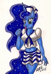 Size: 865x1252 | Tagged: safe, artist:newyorkx3, princess luna, anthro, g4, belly button, female, sailor, solo, traditional art