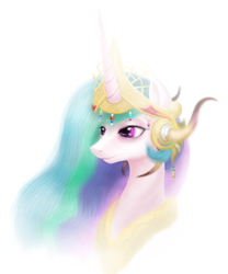 Size: 667x800 | Tagged: dead source, safe, artist:ventious, princess celestia, alicorn, pony, g4, bust, female, helmet, lidded eyes, mare, portrait, simple background, solo, white background