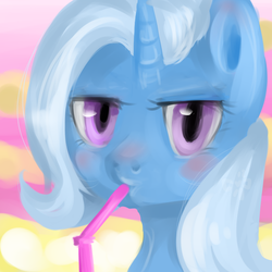 Size: 800x800 | Tagged: safe, artist:marinakirby, trixie, g4, blushing, drink, serious face