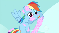 Size: 852x476 | Tagged: safe, screencap, rainbow dash, g4, cotton candy, derp, flying, food, tongue out