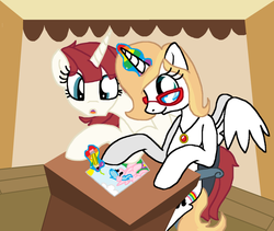 Size: 900x760 | Tagged: safe, artist:sketchstar-mids-sis, firefly, ringlet, oc, oc:bonniecorn, oc:fausticorn, alicorn, pony, g1, g4, :o, chair, desk, drawing, duo, duo female, female, glasses, jewelry, mare, necklace, open mouth, pencil, ponified, rainbow curl pony, sitting, watching