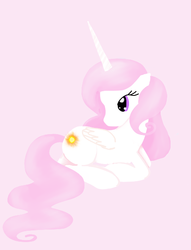 Size: 459x600 | Tagged: dead source, safe, artist:delanoinferno15, princess celestia, alicorn, pony, g4, cute, cutelestia, female, horn, long horn, looking back, mare, missing accessory, pink background, pink mane, pink-mane celestia, prone, simple background, solo, younger