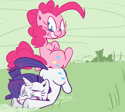 Size: 980x875 | Tagged: safe, artist:tess, pinkie pie, rarity, g4, butt, butt bump, butt to butt, butt touch, face down ass up, female, grin, gritted teeth, lesbian, plot, ship:raripie, shipping, sitting, smiling, wide eyes