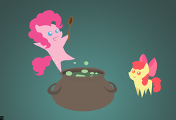 Size: 900x616 | Tagged: safe, artist:scissorsrunner, apple bloom, pinkie pie, earth pony, pony, friendship is witchcraft, g4, cauldron, crude stew, female, filly, mare, pointy ponies