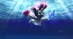 Size: 1200x652 | Tagged: safe, artist:tsitra360, sweetie belle, pony, unicorn, g4, album cover, female, filly, nevermind, nirvana, open mouth, ponified, ponified album cover, signature, solo, underwater
