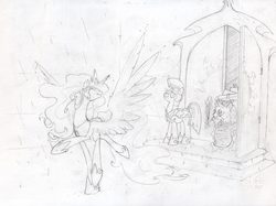 Size: 3739x2800 | Tagged: dead source, safe, artist:jackjacko-eponymous, princess celestia, g4, dancing, high res, monochrome, rain, sketch