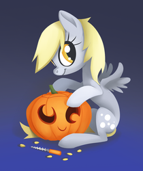 Size: 600x713 | Tagged: safe, artist:sambragg, derpy hooves, pegasus, pony, g4, carving, female, jack-o-lantern, mare, pumpkin