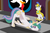 Size: 792x528 | Tagged: safe, artist:philith, philomena, princess celestia, alicorn, earth pony, phoenix, pony, g4, crown, depressed, depressedia, depression, female, hoof shoes, jewelry, lidded eyes, mare, peytral, regalia, royal guard, scooting