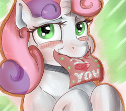 Size: 1000x889 | Tagged: safe, artist:sirmasterdufel, sweetie belle, g4, blushing, heart, mouth hold, note, valentine