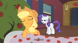 Size: 640x355 | Tagged: safe, screencap, applejack, bloomberg, rarity, g4, youtube caption