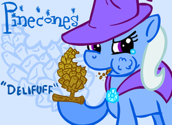 Size: 1070x778 | Tagged: safe, artist:blimpslap, trixie, pony, unicorn, g4, female, mare, pinecone, solo, trixie eating pinecones