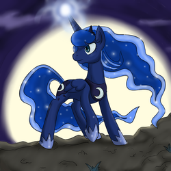 Size: 800x800 | Tagged: safe, artist:himanuts, princess luna, pony, g4, female, glowing horn, horn, magic, moon, solo