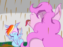 Size: 1024x768 | Tagged: safe, artist:arnachy, pinkie pie, rainbow dash, g4, blushing, chocolate rain, female, lesbian, ship:pinkiedash, shipping, wingboner