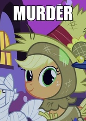 Size: 475x665 | Tagged: safe, edit, edited screencap, screencap, applejack, earth pony, pony, g4, luna eclipsed, season 2, clothes, costume, cropped, dissonant caption, female, image macro, looking at you, mare, murder, nightmare night, nightmare night costume, one word, scarecrow, smiling, solo focus, text