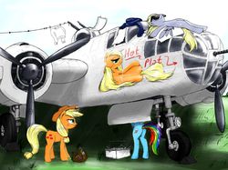 Size: 1225x918 | Tagged: safe, artist:madhotaru, applejack, derpy hooves, rainbow dash, earth pony, pegasus, pony, g4, aircraft, applejack is not amused, applejack's hat, b-25, b-25 mitchell, bedroom eyes, bomber, butt, cowboy hat, decal, fanfic, female, hat, looking at you, looking back, mare, nose art, pinup, plane, plot, ship:appledash, shipping, stetson, sunbathing, sunglasses, toolbox, unamused