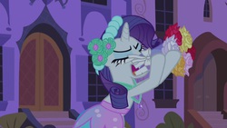 Size: 1280x720 | Tagged: safe, screencap, rarity, pony, a canterlot wedding, g4, my little pony: friendship is magic, bouquet of flowers, bridesmaid dress, clothes, dress, flower, solo