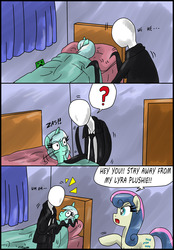 Size: 2151x3099 | Tagged: safe, artist:ciriliko, bon bon, lyra heartstrings, sweetie drops, g4, comic, creeper, high res, lyra plushie, slenderman, zas