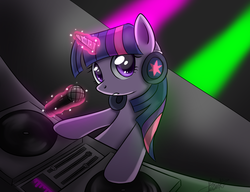 Size: 1300x1000 | Tagged: dead source, safe, artist:maplesunrise, twilight sparkle, pony, unicorn, g4, female, headphones, magic, microphone, solo, turntable