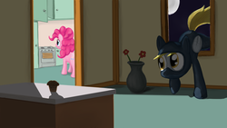 Size: 1024x576 | Tagged: safe, artist:tunskaa, derpy hooves, pinkie pie, pegasus, pony, g4, female, mare, muffin, ninja