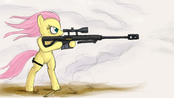 Size: 1920x1080 | Tagged: safe, artist:tunskaa, fluttershy, pegasus, pony, g4, aiming, barrett, bipedal, female, flutterbadass, gun, hooves, mare, optical sight, rifle, shooting, sniper, sniper rifle, snipershy, solo, weapon, wings