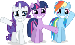 Size: 4188x2499 | Tagged: safe, artist:marker, rainbow dash, rarity, twilight sparkle, pegasus, pony, unicorn, dragon quest, g4, faic, forced smile, grin, high res, simple background, smile and wave, smiling, transparent background, trio, unicorn twilight, vector, waving