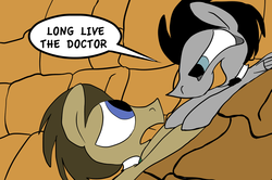 Size: 1349x897 | Tagged: safe, artist:joeywaggoner, doctor whooves, time turner, earth pony, pegasus, pony, ask discorded whooves, g4, discord whooves, doctor who, imminent death, imminent murder, long live the king, male, moral event horizon, mufasa, parody, ponified scene, scar (the lion king), self ponidox, stallion, the doctor, the lion king