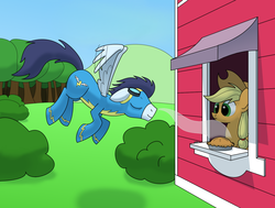 Size: 1303x987 | Tagged: safe, artist:underpable, applejack, soarin', earth pony, pegasus, pony, g4, bush, clothes, eyes closed, female, flying, goggles, male, mare, pie, stallion, that pony sure does love pies, uniform, window, wonderbolts uniform