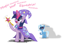 Size: 1485x1027 | Tagged: safe, artist:archonitianicsmasher, trixie, twilight sparkle, pony, unicorn, g4, accessory swap, angry, cape, clothes, duo, hat, imitation, simple background, the great and powerful, the great and powerful twilight, transparent background, trixie's cape, trixie's hat, unicorn twilight, wand