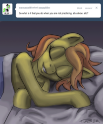 Size: 1000x1204 | Tagged: safe, artist:pluckyninja, spitfire, semi-anthro, tumblr:sexy spitfire, g4, ask, bed, female, sleeping, solo, stupid sexy spitfire, tumblr