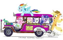 Size: 1024x662 | Tagged: safe, artist:buckweiser, applejack, fluttershy, pinkie pie, rainbow dash, rarity, twilight sparkle, earth pony, pegasus, pony, unicorn, g4, car, female, jeepney, mane six, mare, reading, unicorn twilight, vehicle