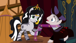 Size: 5277x2968 | Tagged: safe, artist:misteraibo, earth pony, pony, zebra, clothes, disney, esmeralda (the hunchback of notre dame), frollo, ponified, scarf, seduction, teasing, the hunchback of notre dame