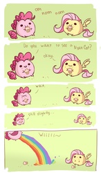 Size: 2011x3448 | Tagged: dead source, safe, artist:holivi, fluttershy, pinkie pie, g4, blob, chubbie, comic, fart, fart propulsion, high res, nyan cat