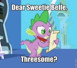 Size: 436x386 | Tagged: safe, edit, edited screencap, screencap, spike, sweetie belle, dragon, friendship is magic, g4, caption, image macro, implied group sex, implied rarity, implied sex, implied threesome, letter, male, palindrome get, quill, scroll, spike's love letters, tongue out, twilight's canterlot home, window