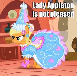 Size: 573x564 | Tagged: safe, edit, edited screencap, screencap, applejack, earth pony, pony, g4, look before you sleep, angry, annoyed, clothes, cropped, dress, female, froufrou glittery lacy outfit, glare, golden oaks library, hat, hennin, image macro, lidded eyes, mare, princess applejack, solo, text