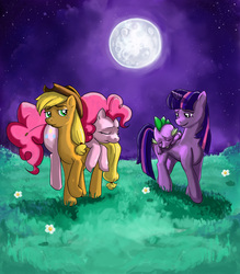 Size: 2100x2400 | Tagged: safe, artist:zippedbinders, applejack, pinkie pie, spike, twilight sparkle, g4, high res, moon, sleeping