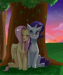 Size: 1024x1210 | Tagged: safe, artist:ellamred, fluttershy, rarity, g4, blushing, female, lesbian, ship:flarity, shipping, sunset, tree