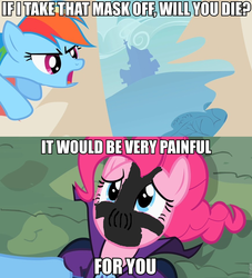 Size: 871x959 | Tagged: safe, mare do well, pinkie pie, rainbow dash, g4, bane, baneposting, batman, bill wilson, caption, cia (batman), image macro, meme, the dark knight rises