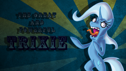 Size: 1366x768 | Tagged: safe, artist:scissorsrunner, trixie, pony, unicorn, g4, female, mare, solo, tongue out, wallpaper, yelling