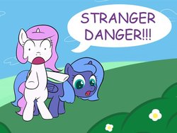 Size: 654x491 | Tagged: safe, princess celestia, princess luna, alicorn, pony, ask princess fillies, g4, ask, cewestia, filly, flower, pink-mane celestia, s1 luna, stranger danger, tumblr, woona, younger