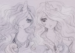 Size: 2323x1650 | Tagged: safe, artist:kiiro-soleil, princess celestia, princess luna, human, g4, horn, horned humanization, humanized, monochrome, sketch, traditional art